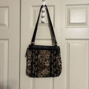 Vtg Etienne Aigner Tapestry Shoulder Bag purse Black floral Cloth leather trim